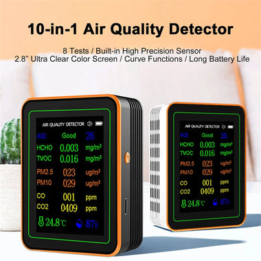 10 in 1 Air Quality Monitor PM2.5 PM10 CO CO2 TVOC HCHO AQI Temperature Humidity & Curve View Tester CO2 Meter 2.8inch Display