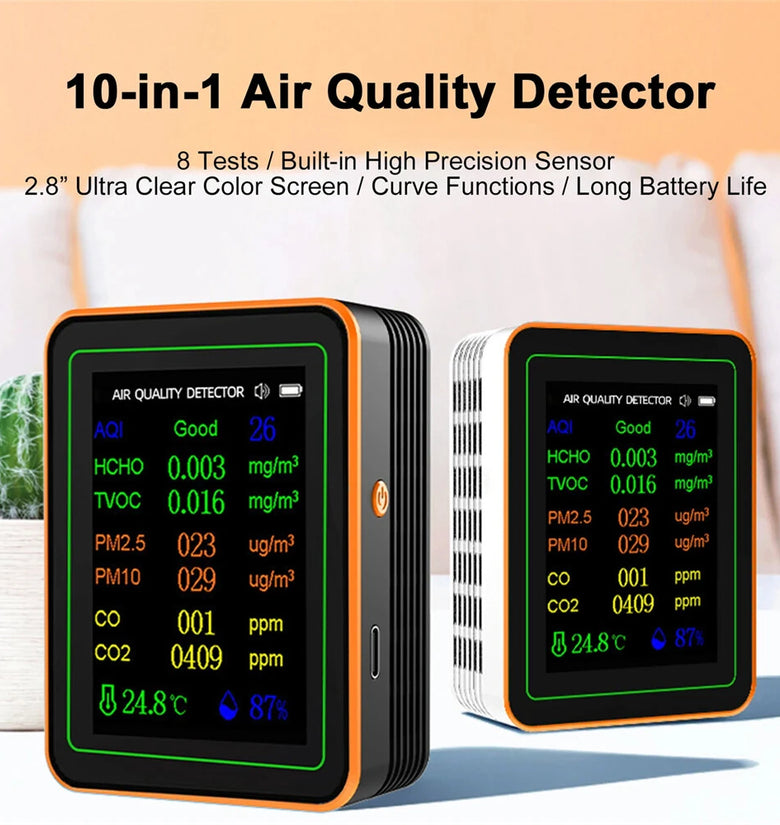 10 in 1 Air Quality Monitor PM2.5 PM10 CO CO2 TVOC HCHO AQI Temperature Humidity & Curve View Tester CO2 Meter 2.8inch Display