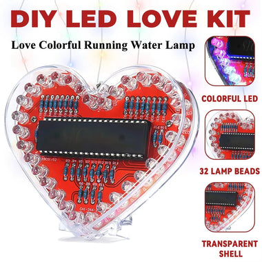DIY Electronic Kit Heart-Shaped LED Flow Light 32/25 LEDs Colorful Light FR-4 Circuit Board Battery Powered Educational Project Electronics Soldering Practice