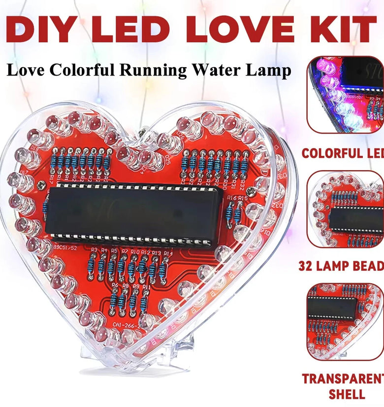 DIY Electronic Kit Heart-Shaped LED Flow Light 32/25 LEDs Colorful Light FR-4 Circuit Board Battery Powered Educational Project Electronics Soldering Practice