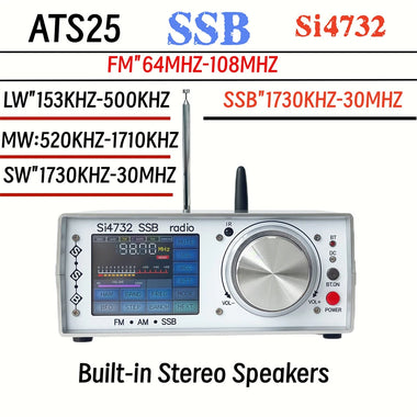 ATS-25 Full Band Radio Receiver Touch Screen Bluetooth RCA Stereo Output Rechargeable Lithium Battery Adjustable Bandwidth SSB FM SW MW LW