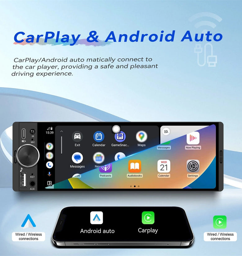 6.28 inch Car Wireless CarPlay Android Auto MirrorLink MP5 Player Bluetooth 5.2 HD Touchscreen Vehicle Center Console Display Universal