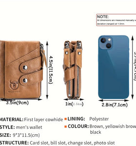 BULLCAPTAIN Genuine Leather Mens Wallet RFID Blocking Short Wallet with Chain Multifunction Card Holder Double Zipper Coin Purse Money Clip Compact Storage Bag Stylish