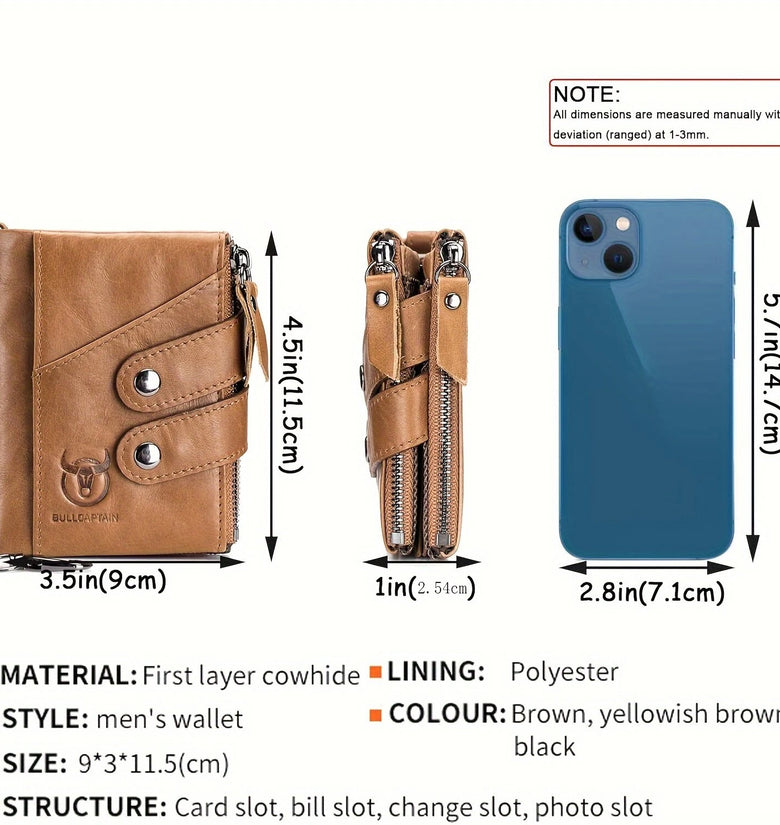 BULLCAPTAIN Genuine Leather Mens Wallet RFID Blocking Short Wallet with Chain Multifunction Card Holder Double Zipper Coin Purse Money Clip Compact Storage Bag Stylish