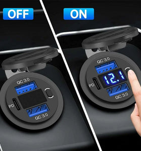 Three Port 12V/24V USB Charger Socket Dual 18W QC 3.0 & 20W PD USB-C For Car Motorcycle With Voltmeter Power Switch