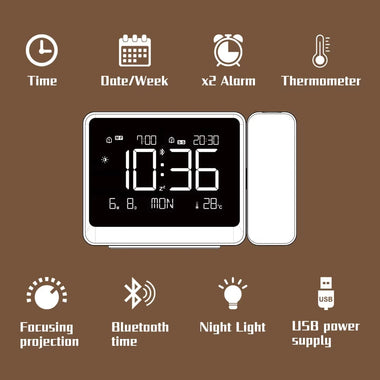 Digital Alarm Clock Wall Projection Time Temperature bluetooth Adjustment Night Light USB Power Supply Focusing Display