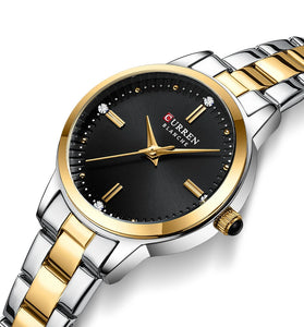 CURREN Luxury Brand Elegant Simple Rhinestone Quartz Watch Waterproof Stainless Steel Strap Gold Wristwatch