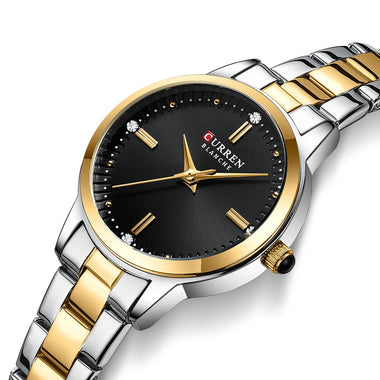CURREN Luxury Brand Elegant Simple Rhinestone Quartz Watch Waterproof Stainless Steel Strap Gold Wristwatch
