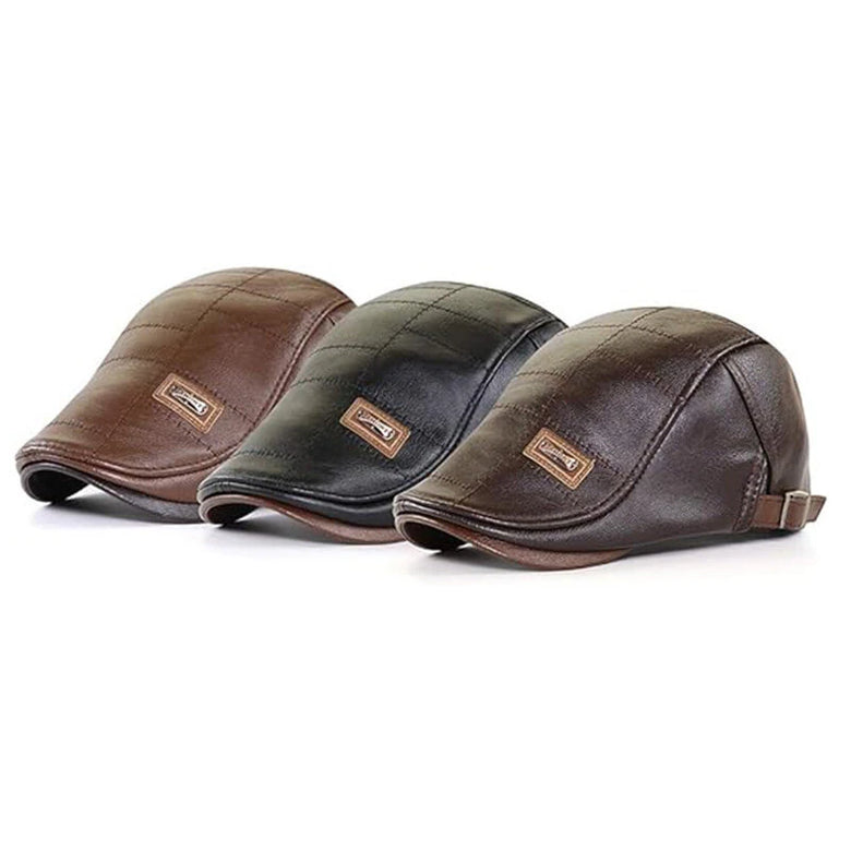 Collrown Vintage Berets Mens PU Leather Beret Hats Autumn Winter Adjustable Hats Men's Visor Warm Flat Peaked Cap Cabbie Hunting Thicken Hat