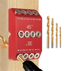 30 45 90 Woodworking Degree Drill Guide Angle Drill Hole Guide Jig with 4 Sizes Drill Bits for Angled and Straight Hole Aluminum Alloy Drilling Jig