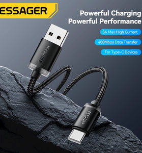ESSAGER ES-X60 3A USB-A to Type-C Cable QC3.0 AFC FCP Fast Charging Data Transmission Copper Core Line 1M/2M Long for iPhone 16 15 15 Plus for Huawei Mate XT for Samsung Galaxy Z Flip6 for Xiaomi MIX Fold4