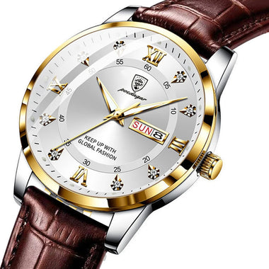 POEDAGAR Luxury Rhinestone Business Men Quartz Watch Calendar Week Luminous Pointer Leather Strap Waterproof Wristwatch