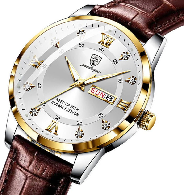 POEDAGAR Luxury Rhinestone Business Men Quartz Watch Calendar Week Luminous Pointer Leather Strap Waterproof Wristwatch