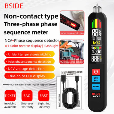 BSIDE AVX1 Non-Contact Phase Sequene Tester LCD Display Voltage Detection Temperature Measurement Rechargeable Lithium Battery Lightweight Compact Electrical Testing Tool