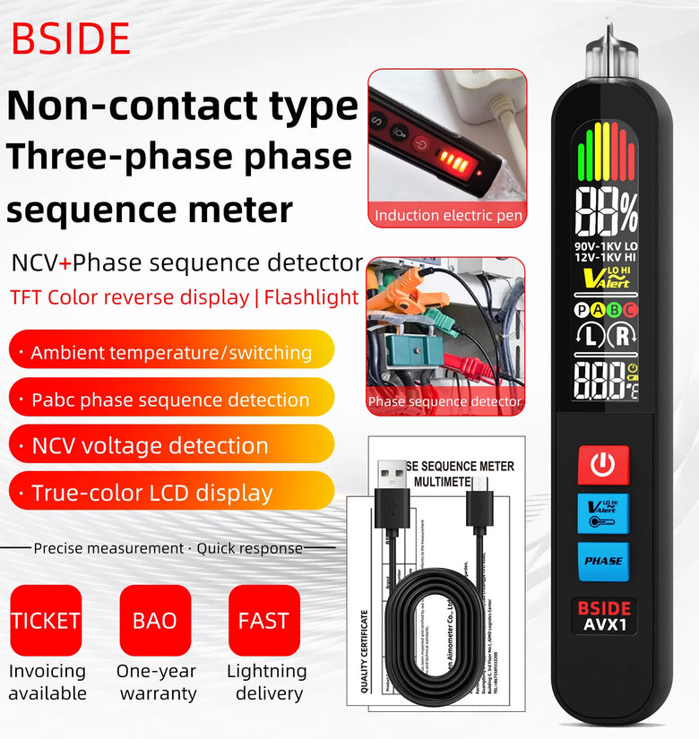 BSIDE AVX1 Non-Contact Phase Sequene Tester LCD Display Voltage Detection Temperature Measurement Rechargeable Lithium Battery Lightweight Compact Electrical Testing Tool