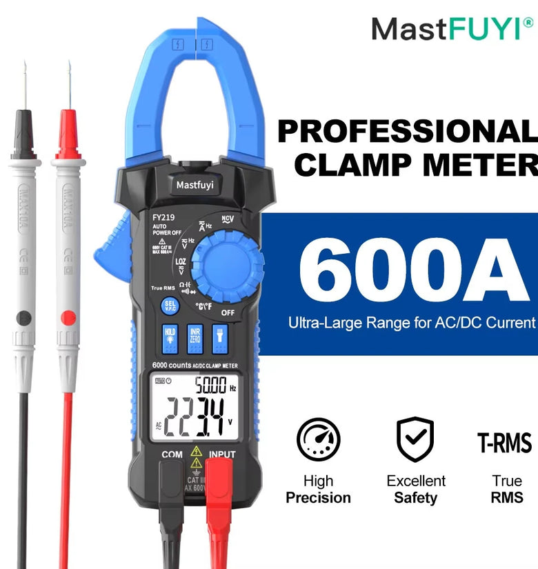 FUYI FY219 Digital Clamp Meter True RMS Multimeter 600A AC DC Current Voltage Inrush Current Test High Precision Auto Range Electrical Tester
