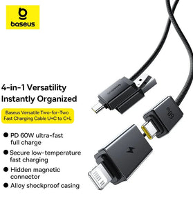 Baseus Versatile 60W USB-A+USB-C to USB-C+iP Cable PD Fast Charging Data Transmission Copper Core Line 1M/2M Long for  iPhone 16 Pro 15 Pro Max 14 13 12 for Huawei Mate XT for Xiaomi 15pro for Samsung Galaxy Z Flip6