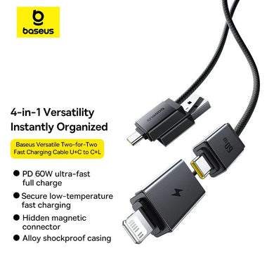 Baseus Versatile 60W USB-A+USB-C to USB-C+iP Cable PD Fast Charging Data Transmission Copper Core Line 1M/2M Long for  iPhone 16 Pro 15 Pro Max 14 13 12 for Huawei Mate XT for Xiaomi 15pro for Samsung Galaxy Z Flip6