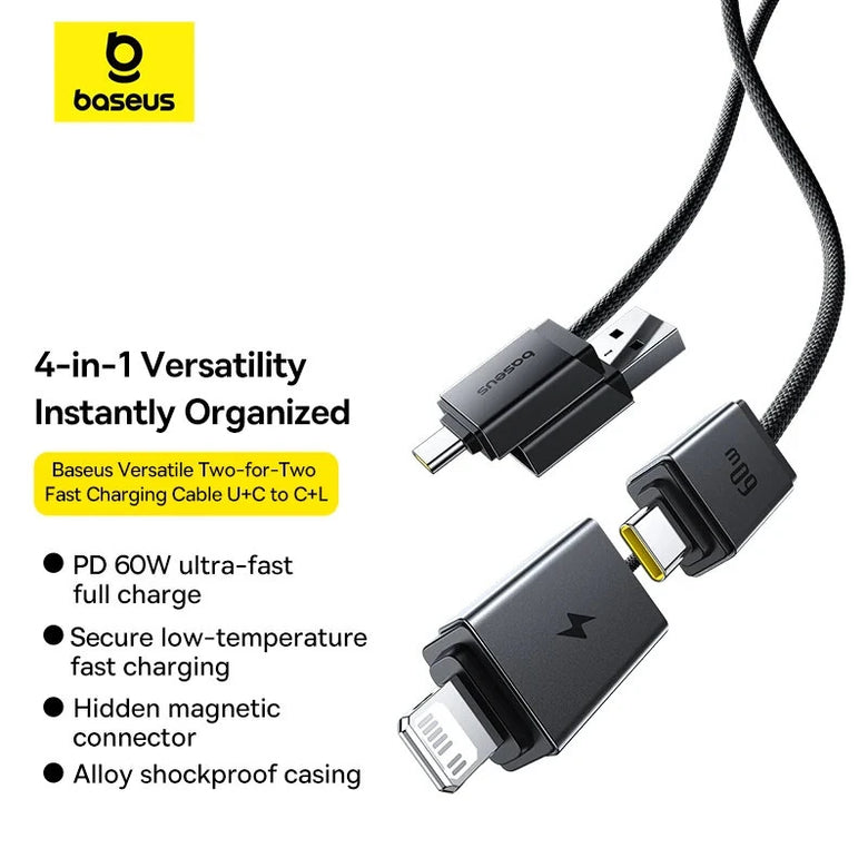 Baseus Versatile 60W USB-A+USB-C to USB-C+iP Cable PD Fast Charging Data Transmission Copper Core Line 1M/2M Long for  iPhone 16 Pro 15 Pro Max 14 13 12 for Huawei Mate XT for Xiaomi 15pro for Samsung Galaxy Z Flip6