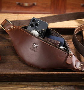 BULLCAPTAIN Genuine Leather Men's Belt Bag Crazy Horse Leather Casual Crossbody Bag Classic Retro Chest Bag Outdoor Storage Mountaineering Mobile Phone Bag Waist Bag