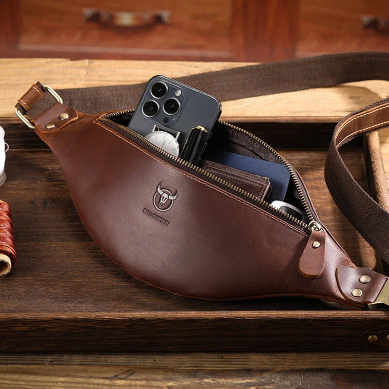 BULLCAPTAIN Genuine Leather Men's Belt Bag Crazy Horse Leather Casual Crossbody Bag Classic Retro Chest Bag Outdoor Storage Mountaineering Mobile Phone Bag Waist Bag