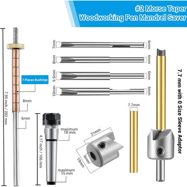 Woodworking Pen Mandrel Saver Pen Making Kit #2 Morse Taper Shank with 7mm Drill Bit Mill Cutter Head for Pen Turning Woodworking Lathe Accessory