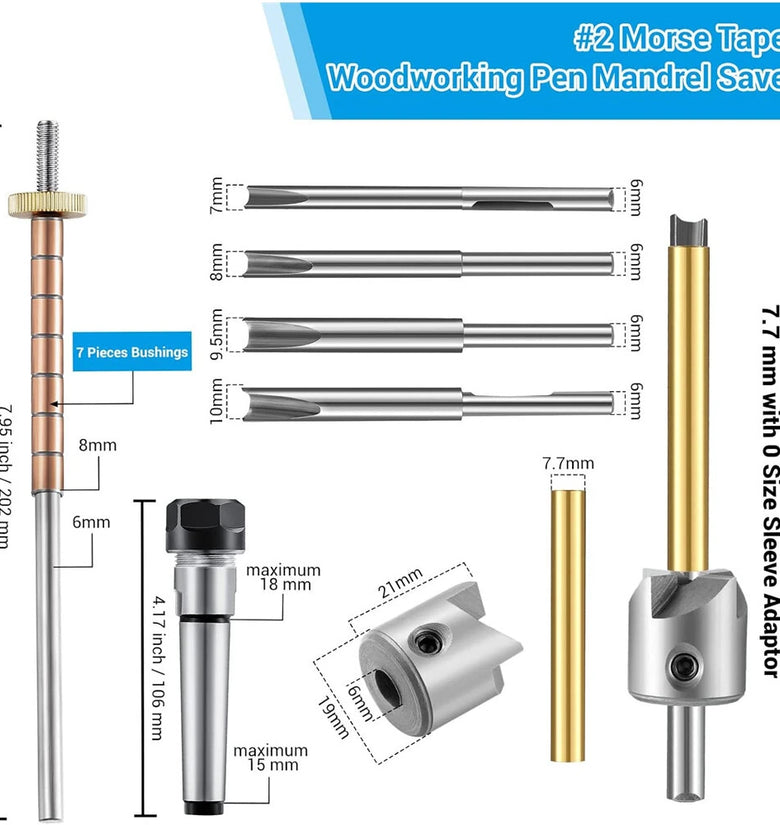 Woodworking Pen Mandrel Saver Pen Making Kit #2 Morse Taper Shank with 7mm Drill Bit Mill Cutter Head for Pen Turning Woodworking Lathe Accessory