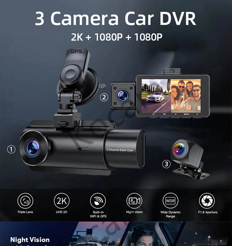 3 Channel Dash Cam Car Dash Camera With GPS WiFi IR Night Vision Camcorder