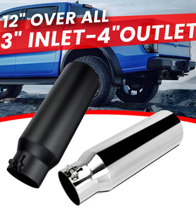 3 Inch Inlet 4 Inch Outlet Exhaust Tip 12 Inch Length Tail Pipe Anti-Corrosive High Temperature Resistant Black Silver Angle Cut Design for Car Truck SUV