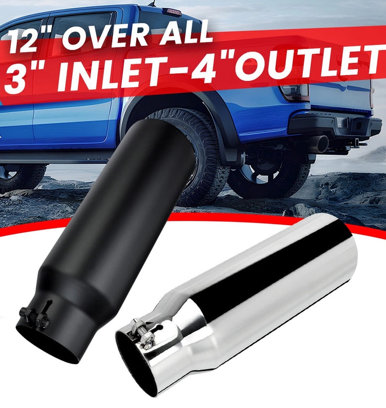 3 Inch Inlet 4 Inch Outlet Exhaust Tip 12 Inch Length Tail Pipe Anti-Corrosive High Temperature Resistant Black Silver Angle Cut Design for Car Truck SUV