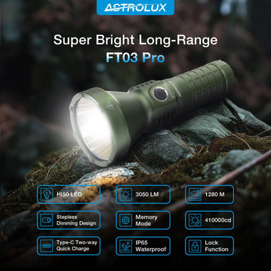 Astrolux FT03 Pro HI50 LED 3050LM High Lumen Flashlight 1280M Thrower USB-C Rechargeable Power by 5000mAh 26650 Battery High Performance Stepless Dimming Powerful LED Torch
