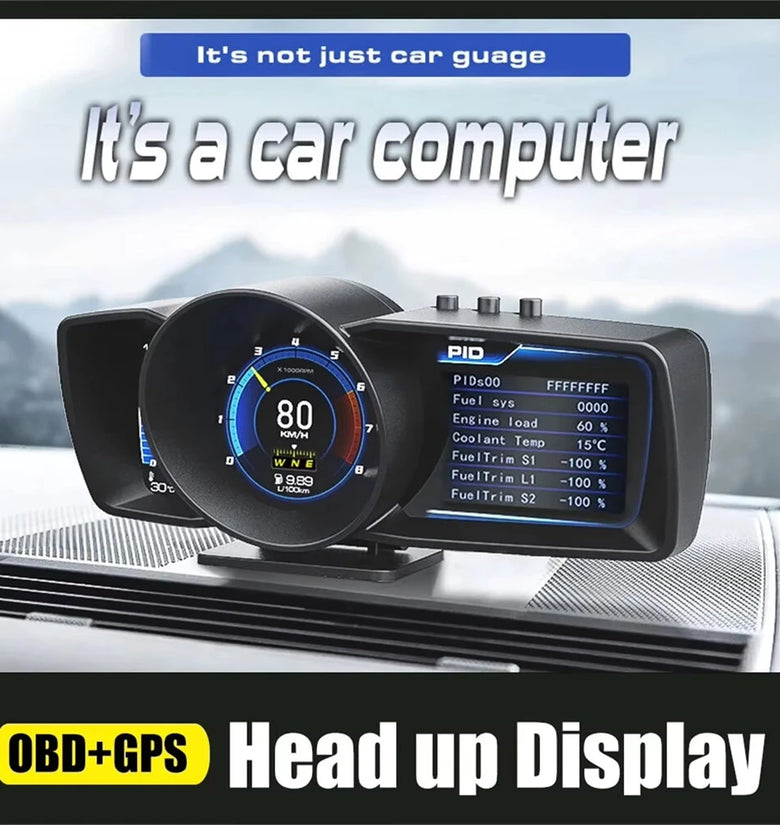 A600 Car HUD On Board Computer Gauge Dual Screen OBD2 GPS Speedometer Turbo Boost Fuel Consumption Ambient Temperature RPM Altitude Direction