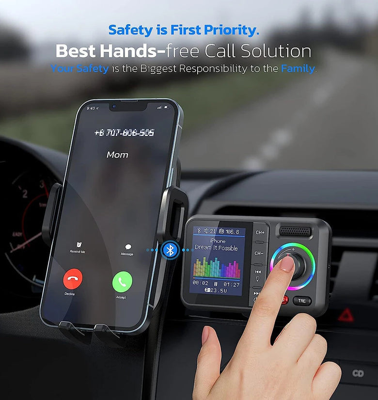 Car MP3 Bluetooth Player Large Screen Card USB Bluetooth FM Transmitter for Hand Free Driving Car Charger Compatible with  Voice Assistant