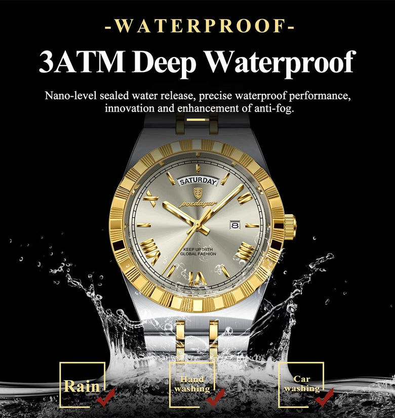 POEDAGAR Men's Quartz Watch Luminous Waterproof Business Casual Thin Steel Strap Male Wristwatch Dial Week Date