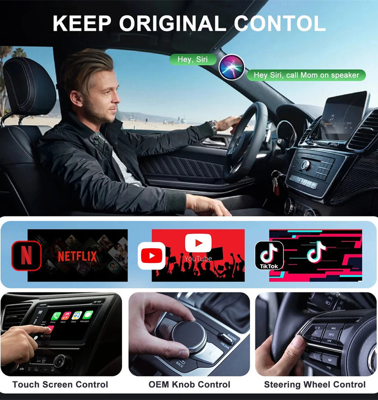 Wireless CarPlay Adapter Support Watch Video Online Netflix/YouTube/Tiktok For OEM Wired CarPlay Cars