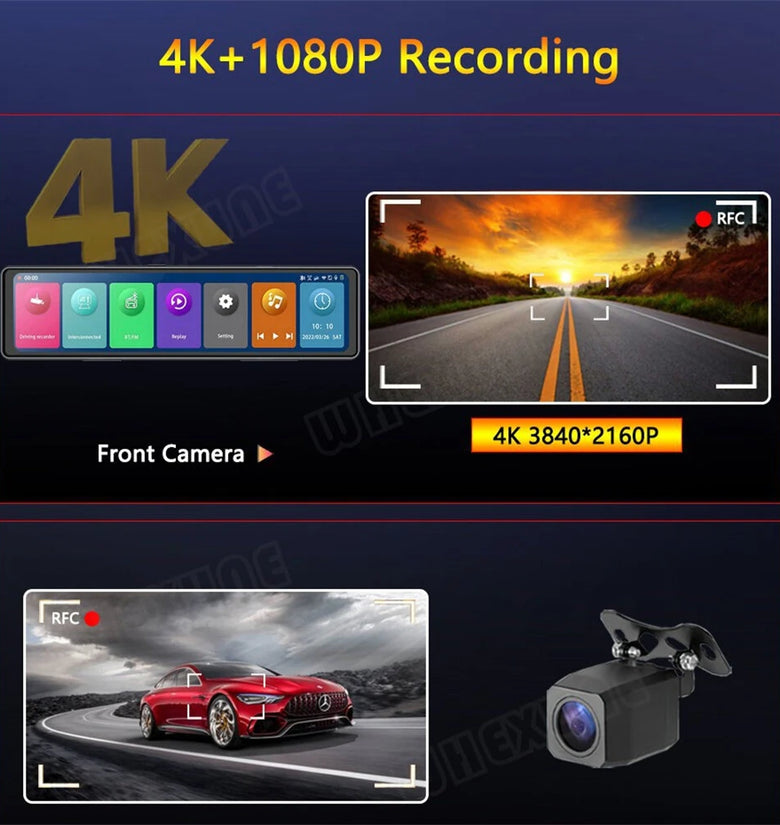 11.26 Inch 4K Carplay Android Auto Mirror Dash Cam Dual Lens Bluetooth WiFi GPS DVR Driving Recorder