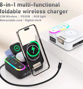CYJ-12 15W RGB Wireless Charger Station with Retractable Cable Digital Clock Built-in USB-A+2USB-C PD QC3.0 Fast Charging Foldable Stand for Smart Phones for iPhone 16 16 Pro 15 14 13 Pro Max for Huawei Pura 80 Ultra for SAMSUNG for OPPO