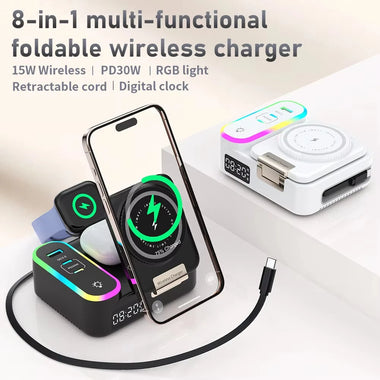 CYJ-12 15W RGB Wireless Charger Station with Retractable Cable Digital Clock Built-in USB-A+2USB-C PD QC3.0 Fast Charging Foldable Stand for Smart Phones for iPhone 16 16 Pro 15 14 13 Pro Max for Huawei Pura 80 Ultra for SAMSUNG for OPPO