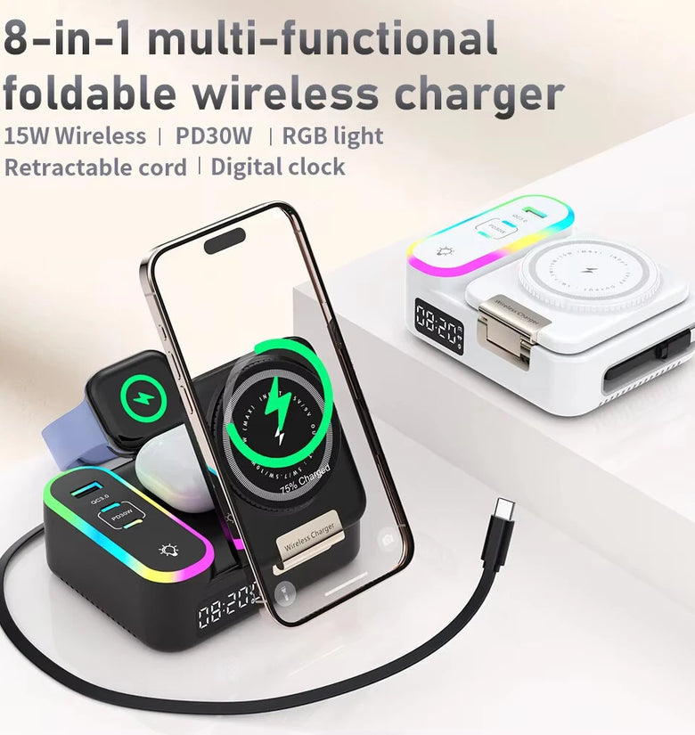CYJ-12 15W RGB Wireless Charger Station with Retractable Cable Digital Clock Built-in USB-A+2USB-C PD QC3.0 Fast Charging Foldable Stand for Smart Phones for iPhone 16 16 Pro 15 14 13 Pro Max for Huawei Pura 80 Ultra for SAMSUNG for OPPO