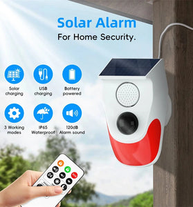 Outdoor Solar Sound Light Alarm Motion Sensor 1000mAh Battery 120 Decibels Siren Sound Alert Flash Strobe Security Alarm System