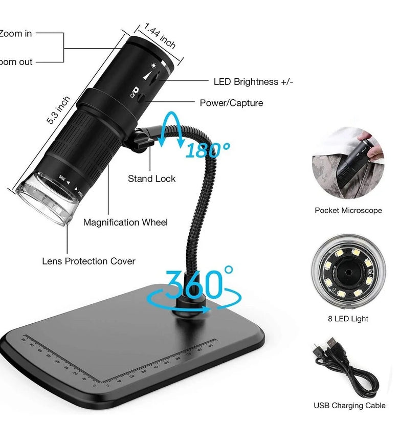 50X-1000X Wireless Digital Microscope Handheld USB HD Inspection Camera with Flexible Stand for Phone PC