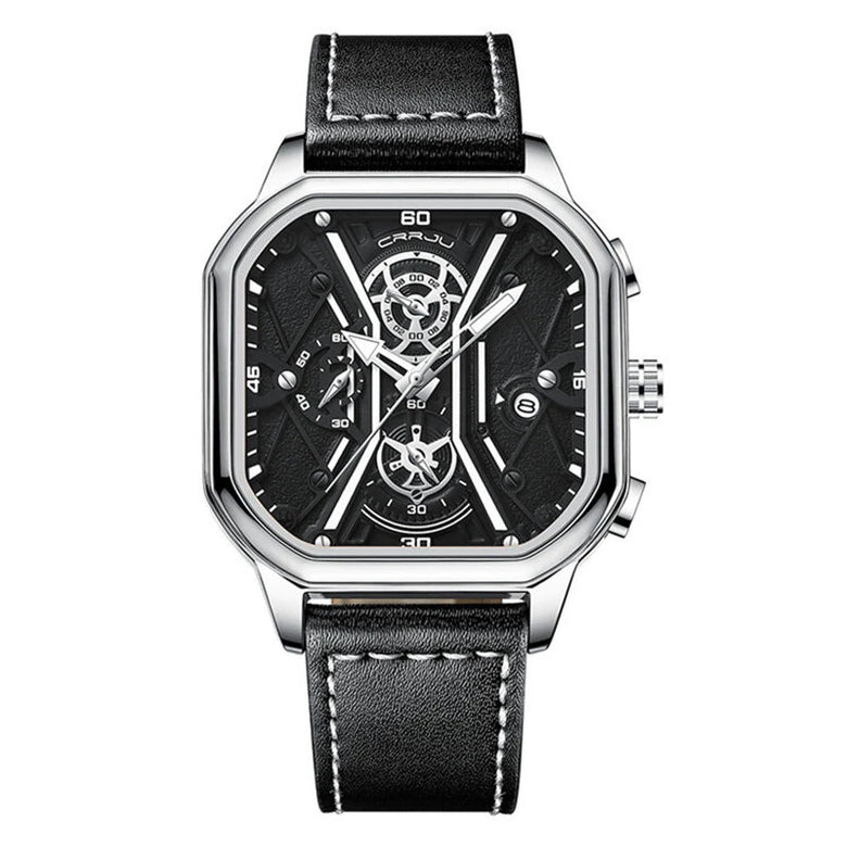 CRRJU Fashion Square Men's Watches Bussiness Quartz Watch Luxury Leather Wristwatch Waterproof Chronograph Sports Watch