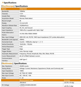 OWON HDS2102A Automotive Diagnostic Oscilloscope 100MHz Bandwidth 500MSa/s Sampling Rate 2 Channels Multimeter CAN LIN Waveform Library Portable Rechargeable Battery