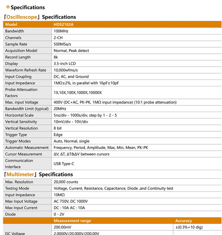 OWON HDS2102A Automotive Diagnostic Oscilloscope 100MHz Bandwidth 500MSa/s Sampling Rate 2 Channels Multimeter CAN LIN Waveform Library Portable Rechargeable Battery