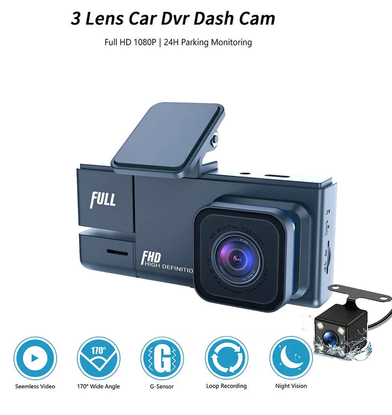 2 Inch IPS Screen Car Dash Cam 3-Channel Driving Recorder G-sensor Loop Recording Parking Monitoring