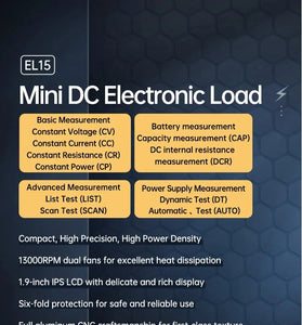 ALIENTEK EL15 Programmable Electronic Load Meter 150W Testing Tool High Precision Battery Capacity Measurement Voltage Range 0.1V to 60V Current Range 0A to 12A Compact Design IPS LCD Display