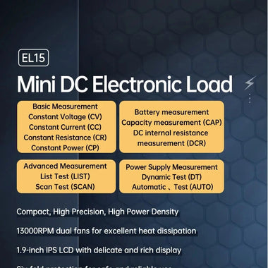 ALIENTEK EL15 Programmable Electronic Load Meter 150W Testing Tool High Precision Battery Capacity Measurement Voltage Range 0.1V to 60V Current Range 0A to 12A Compact Design IPS LCD Display