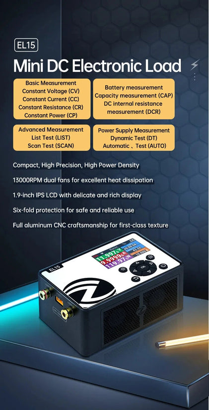 ALIENTEK EL15 Programmable Electronic Load Meter 150W Testing Tool High Precision Battery Capacity Measurement Voltage Range 0.1V to 60V Current Range 0A to 12A Compact Design IPS LCD Display
