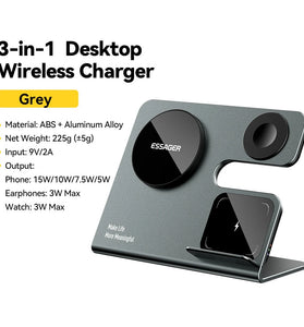 ESSAGER 3 in 1 PD15W High Power Magnetic Desktop Wireless Charger for iPhone 15 14 13 12 Pro/Max/Plus for Apple Watch 9/8/7/6/5/4/3/2/SE/Ultra 2 for AirPods 3/2/Pro