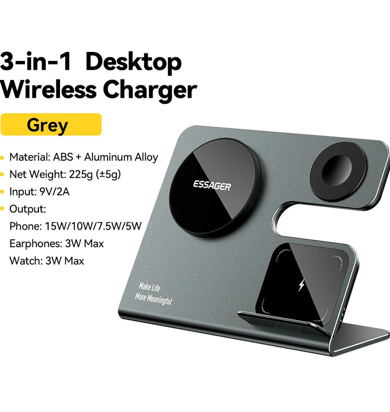 ESSAGER 3 in 1 PD15W High Power Magnetic Desktop Wireless Charger for iPhone 15 14 13 12 Pro/Max/Plus for Apple Watch 9/8/7/6/5/4/3/2/SE/Ultra 2 for AirPods 3/2/Pro